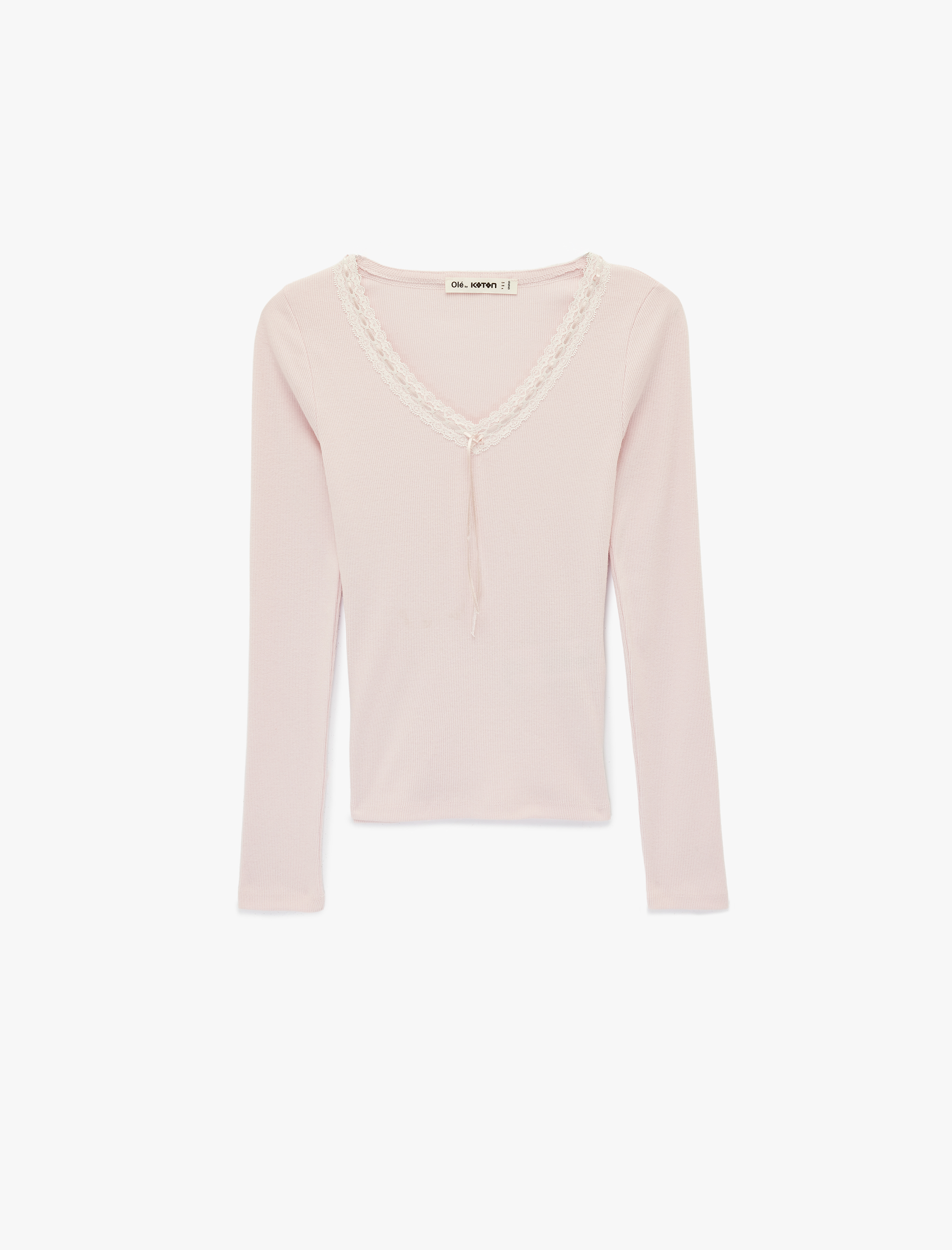   Slim Fit Dantel Detaylı Uzun Kollu Fiyonklu V Yaka Tişört