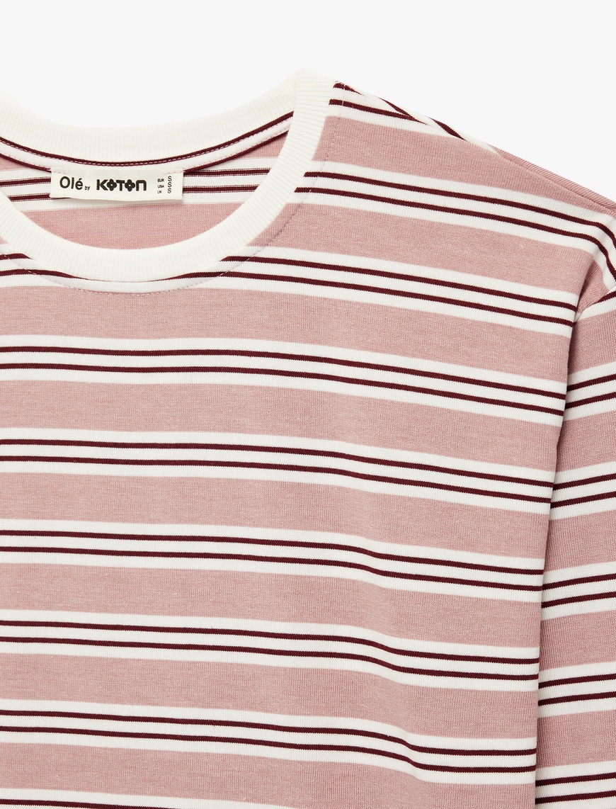 Pembe Çizgili Uzun Kollu Bisiklet Yaka Oversize Tişört 6SAL10234IK