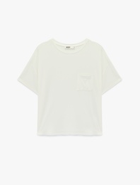 Cep Detaylı Bisiklet Yaka Viskon Kısa Kollu Pijama Üstü