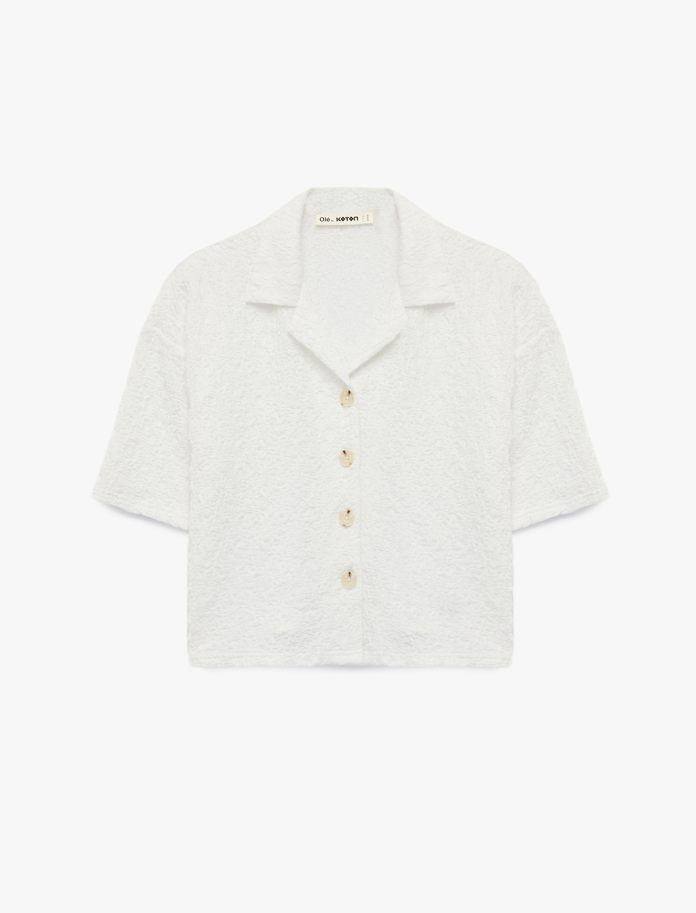   Kısa Kollu Dokulu Klasik Yaka Düğmeli Bluz