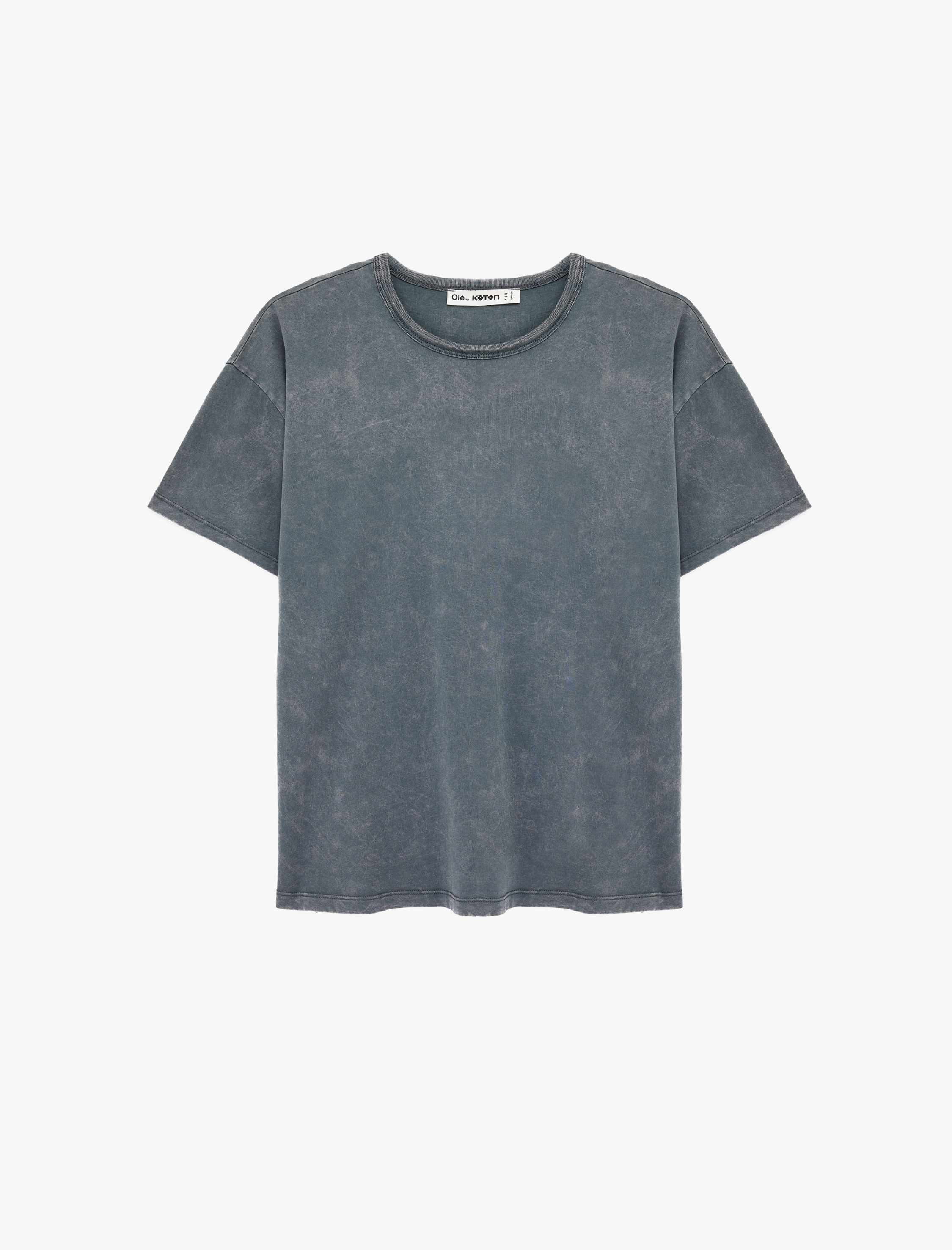   Pamuklu Kısa Kollu Bisiklet Yaka Yıkamalı Oversize Tişört