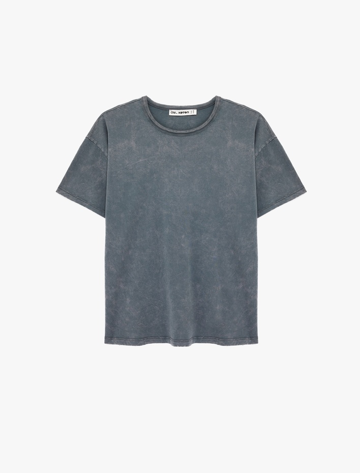  Pamuklu Kısa Kollu Bisiklet Yaka Yıkamalı Oversize Tişört