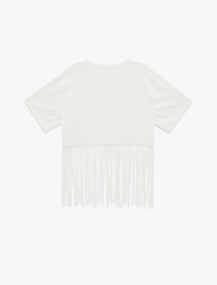  Pamuklu Püskül Detaylı Kısa Kollu Bisiklet Yaka Oversize Crop Tişört