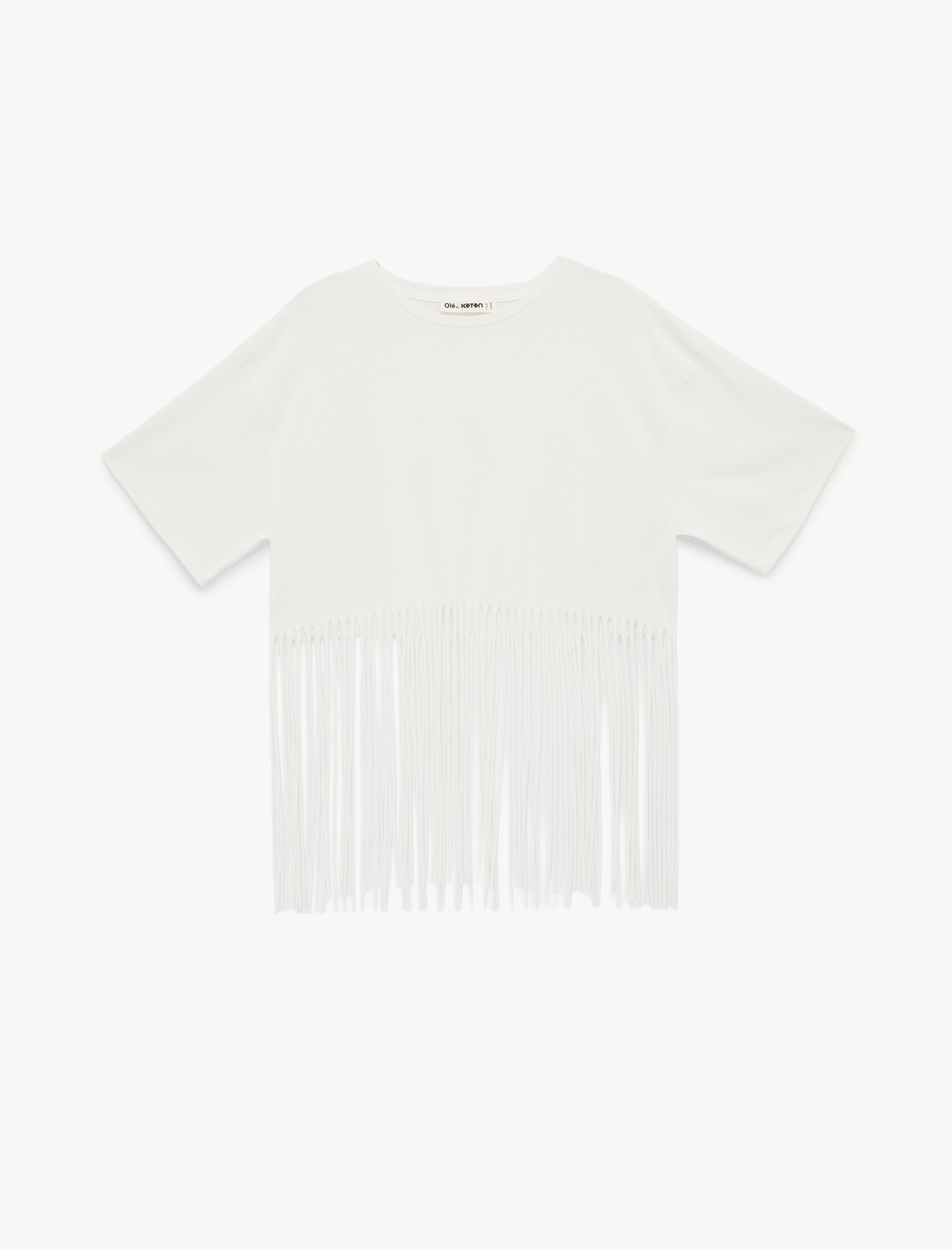   Pamuklu Püskül Detaylı Kısa Kollu Bisiklet Yaka Oversize Crop Tişört