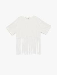 Pamuklu Püskül Detaylı Kısa Kollu Bisiklet Yaka Oversize Crop Tişört