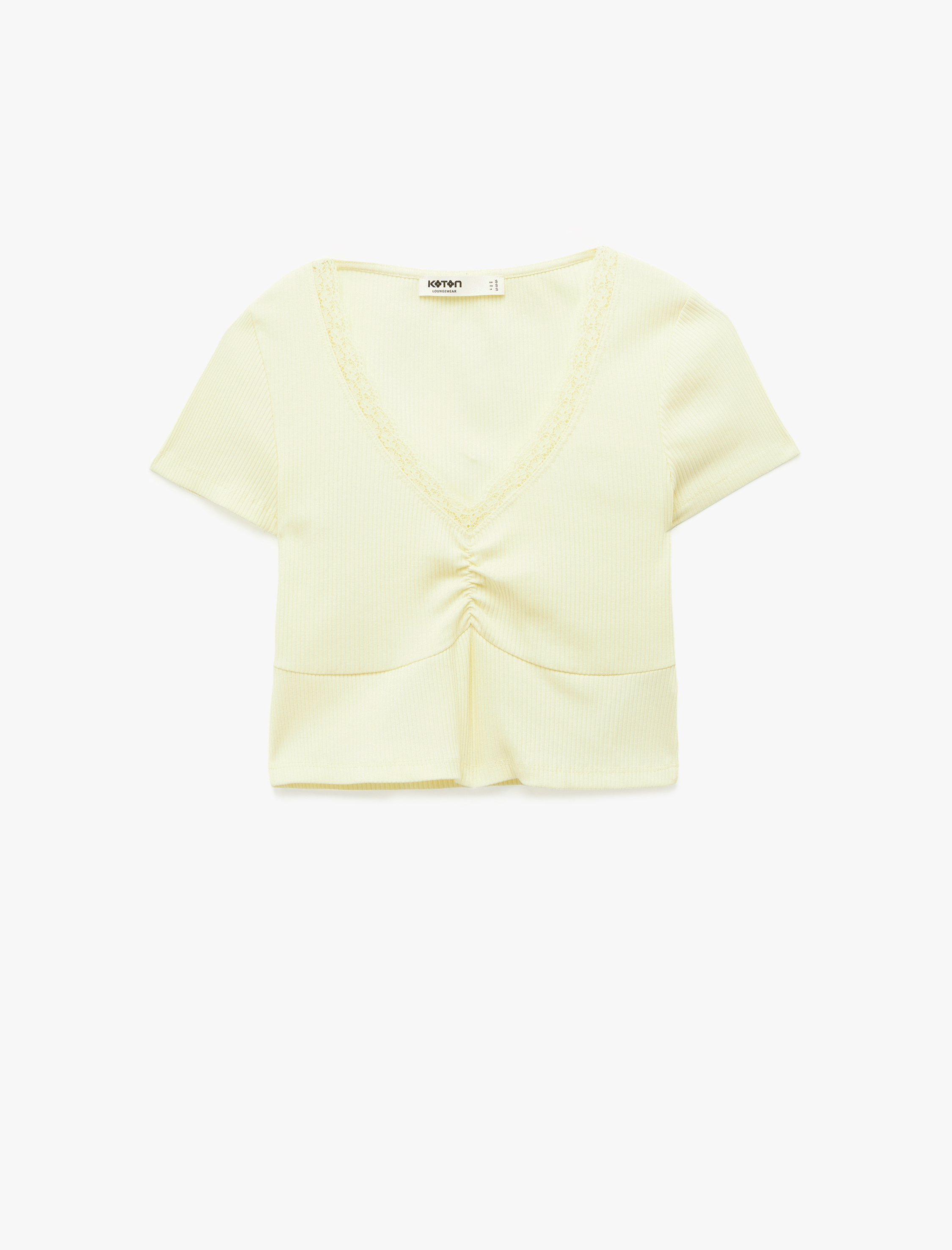   Büzgülü Dantel Detaylı Slim Fit V Yaka Kısa Kollu Tişört