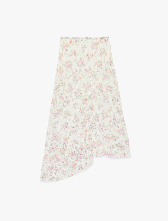  Asimetrik Kesim Çiçekli Midi Dantel Etek