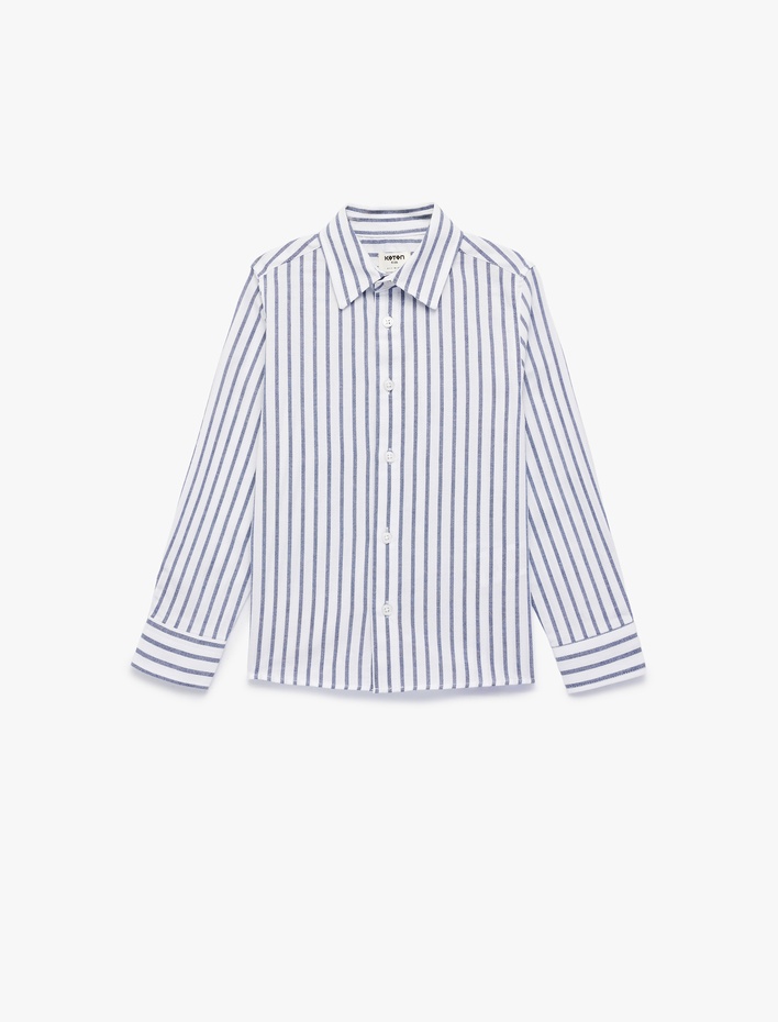 Erkek Çocuk Pamuklu Düğmeli Uzun Kollu Klasik Yaka Çizgili Gömlek