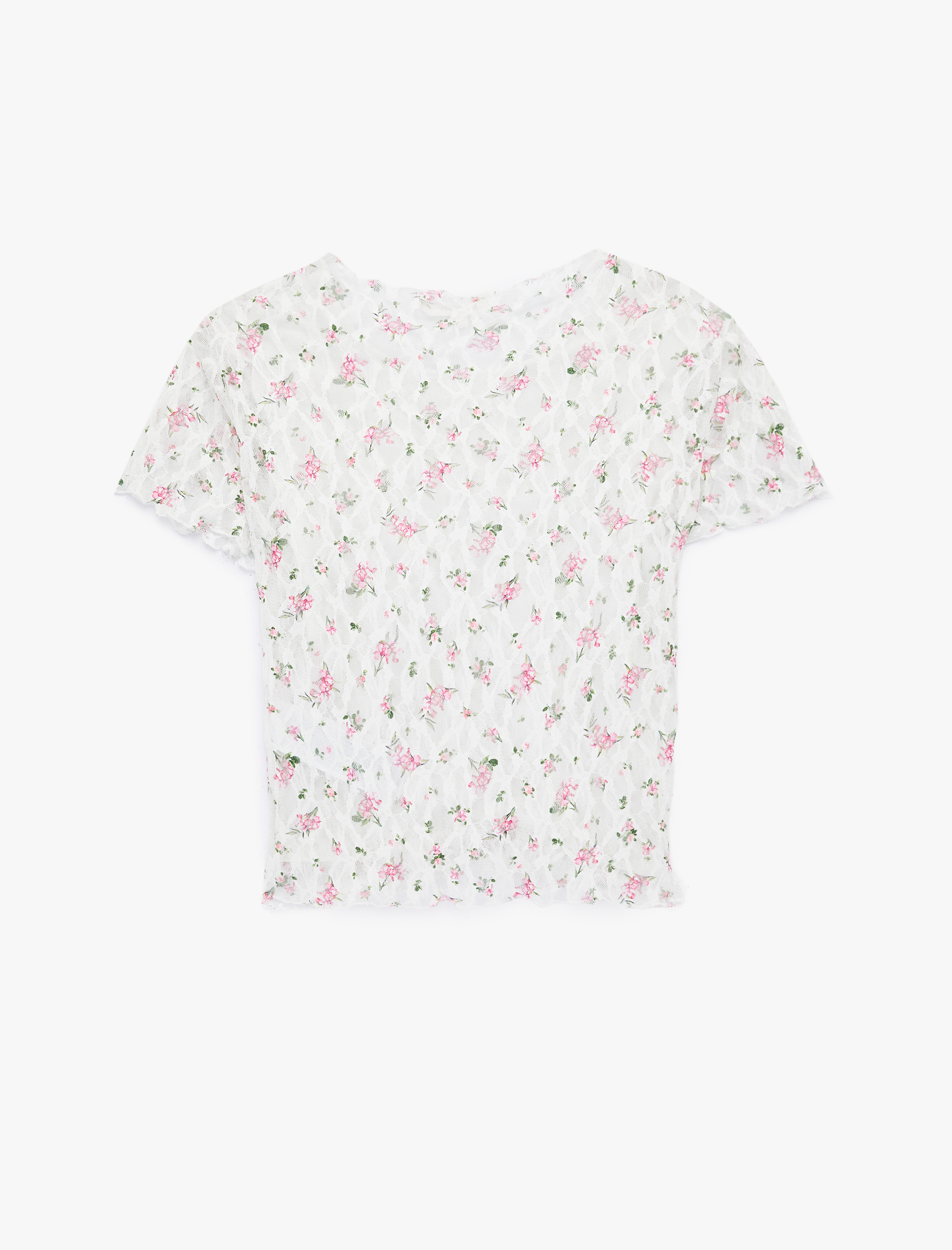   Slim Fit Kısa Kollu Yuvarlak Yaka Çiçekli Dantel Tişört