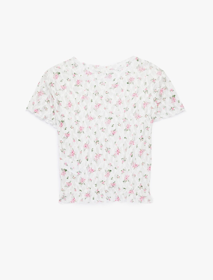  Slim Fit Kısa Kollu Yuvarlak Yaka Çiçekli Dantel Tişört