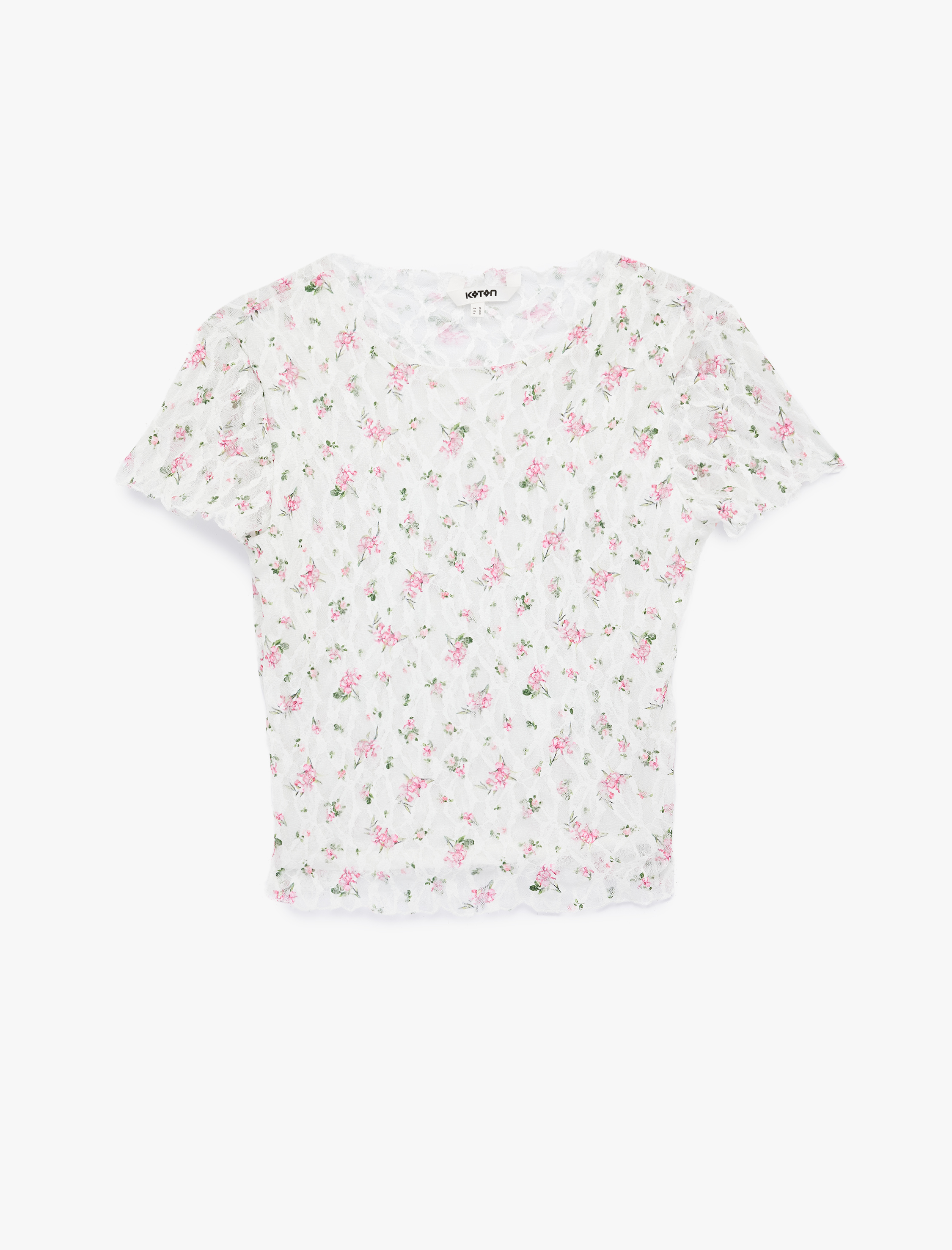   Slim Fit Kısa Kollu Yuvarlak Yaka Çiçekli Dantel Tişört