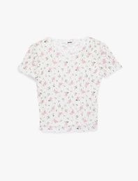Slim Fit Kısa Kollu Yuvarlak Yaka Çiçekli Dantel Tişört