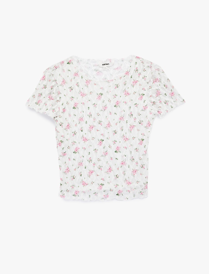  Slim Fit Kısa Kollu Yuvarlak Yaka Çiçekli Dantel Tişört
