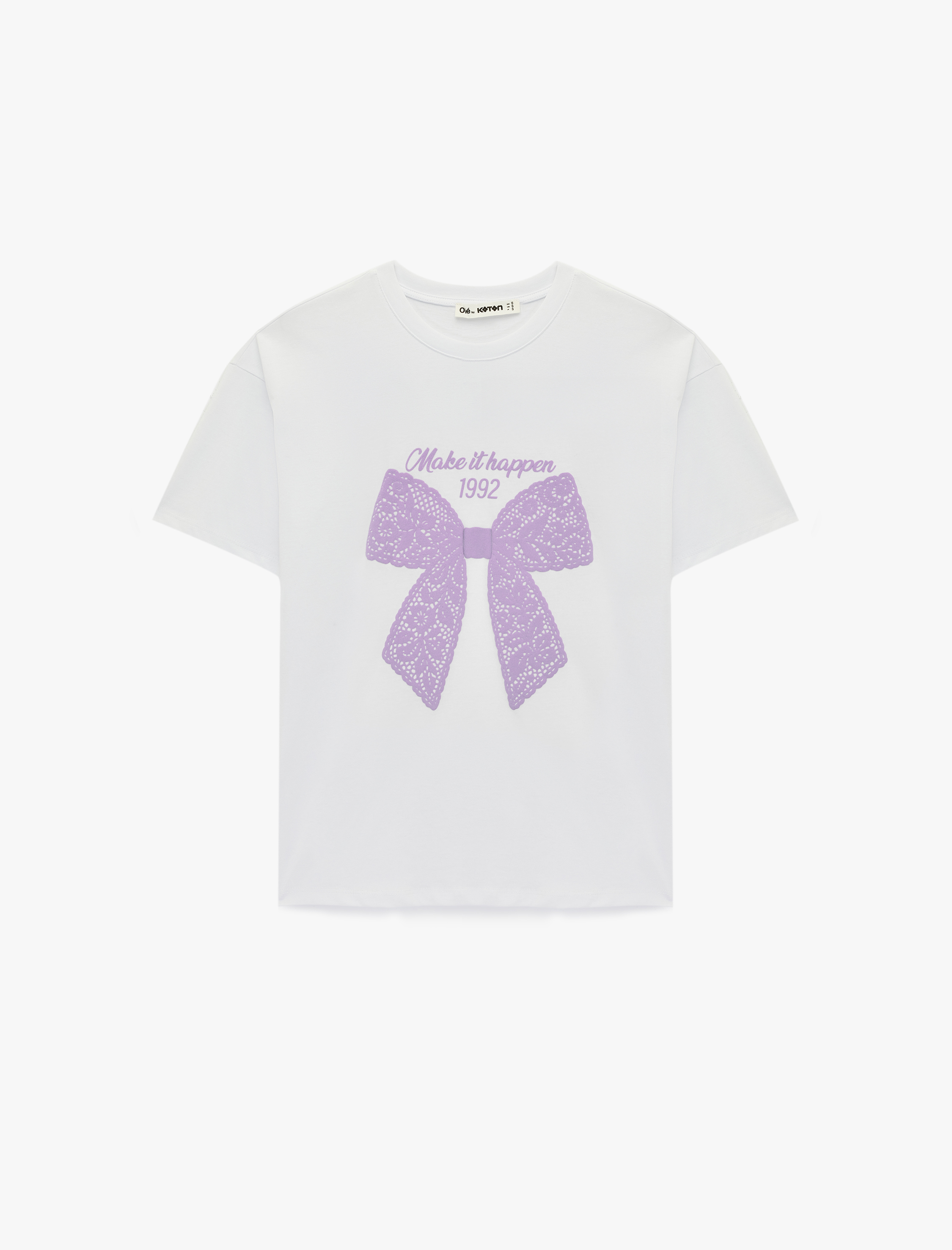   Kısa Kollu Bisiklet Yaka Fiyonk Baskılı Oversize Tişört