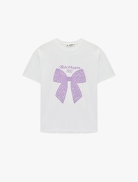 Kısa Kollu Bisiklet Yaka Fiyonk Baskılı Oversize Tişört