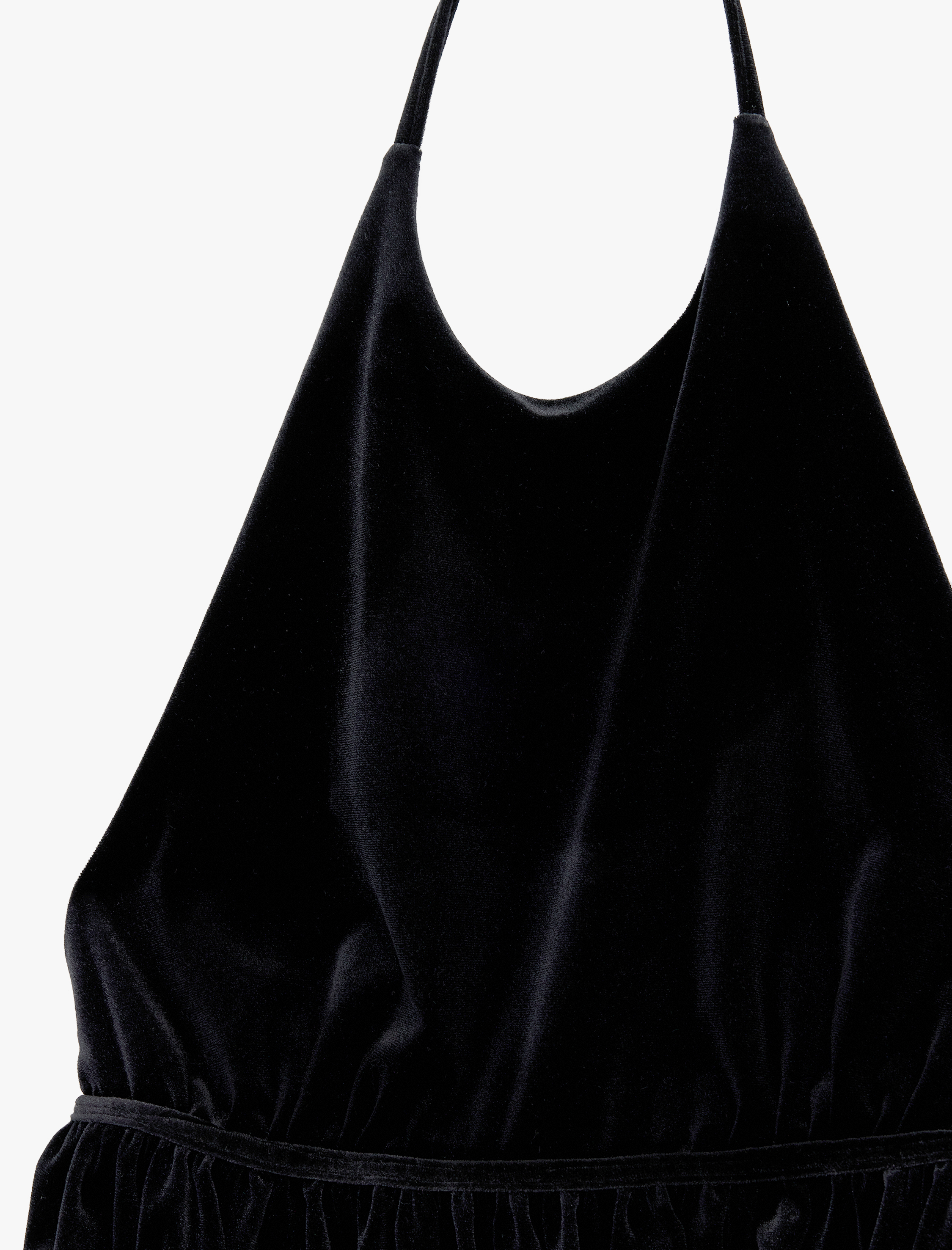   Sırt Dekolte Detaylı Fırfırlı Halter Yaka Kadife Bluz