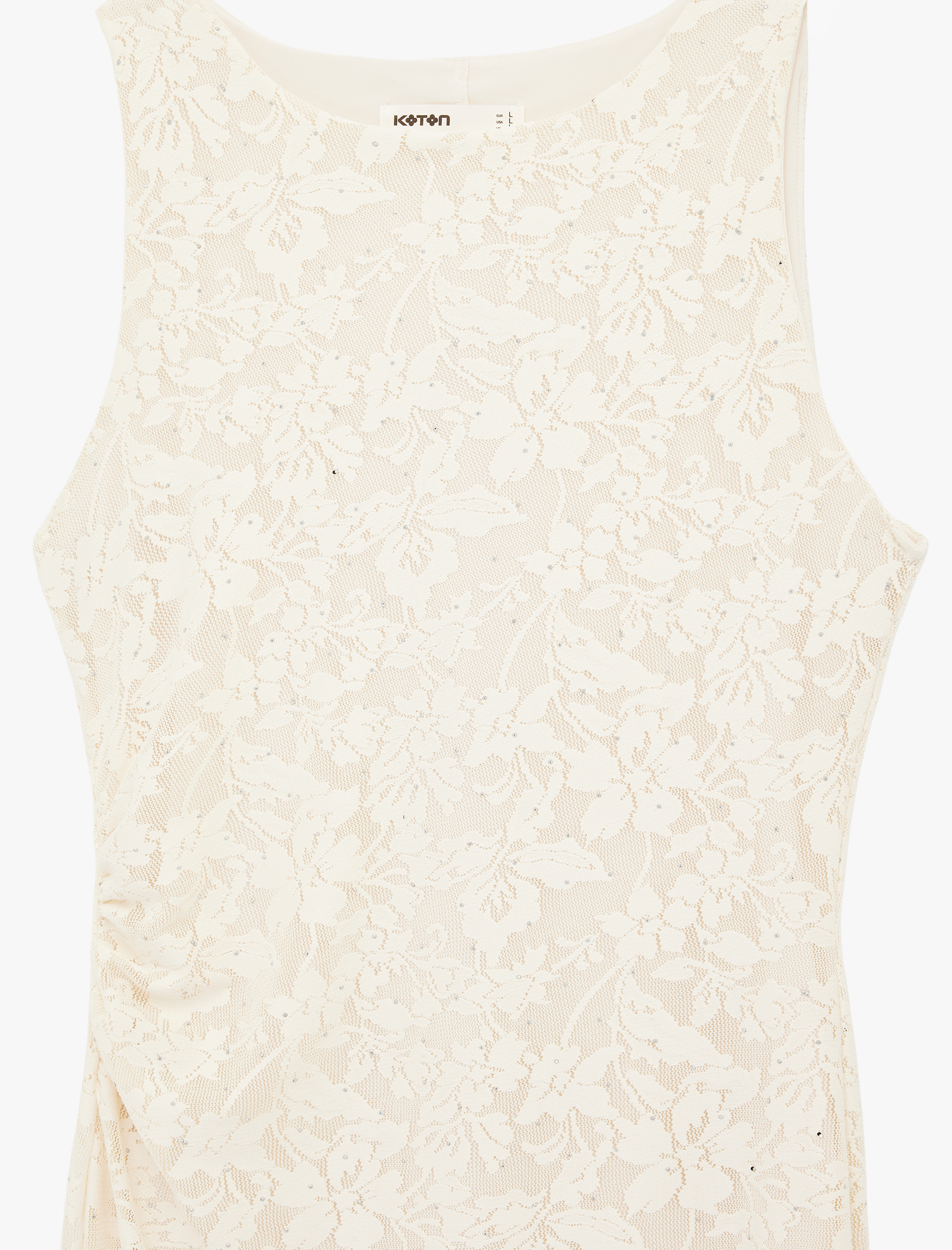   Drape Detaylı Kolsuz Bisiklet Yaka Uzun Taşlı Dantel Elbise