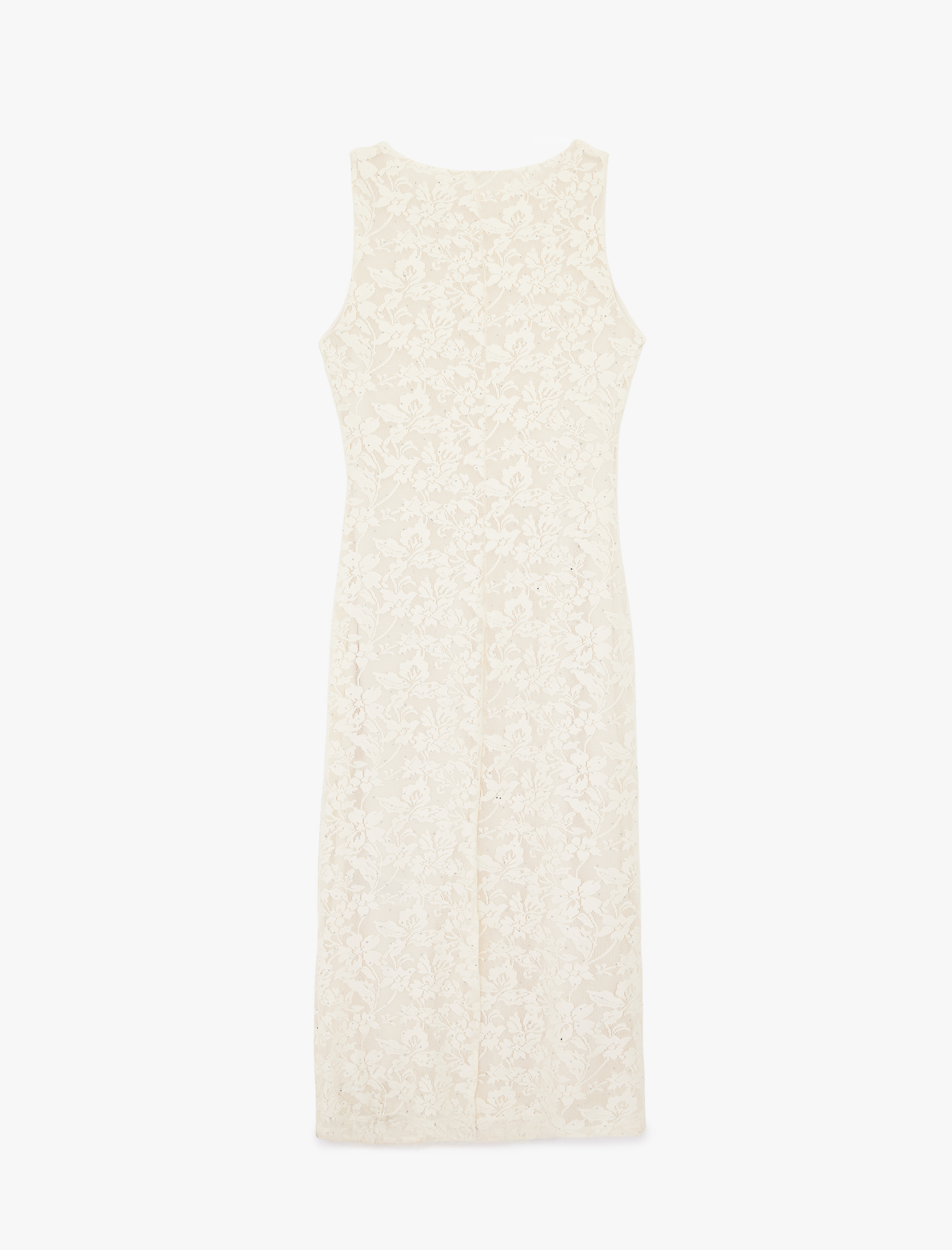   Drape Detaylı Kolsuz Bisiklet Yaka Uzun Taşlı Dantel Elbise