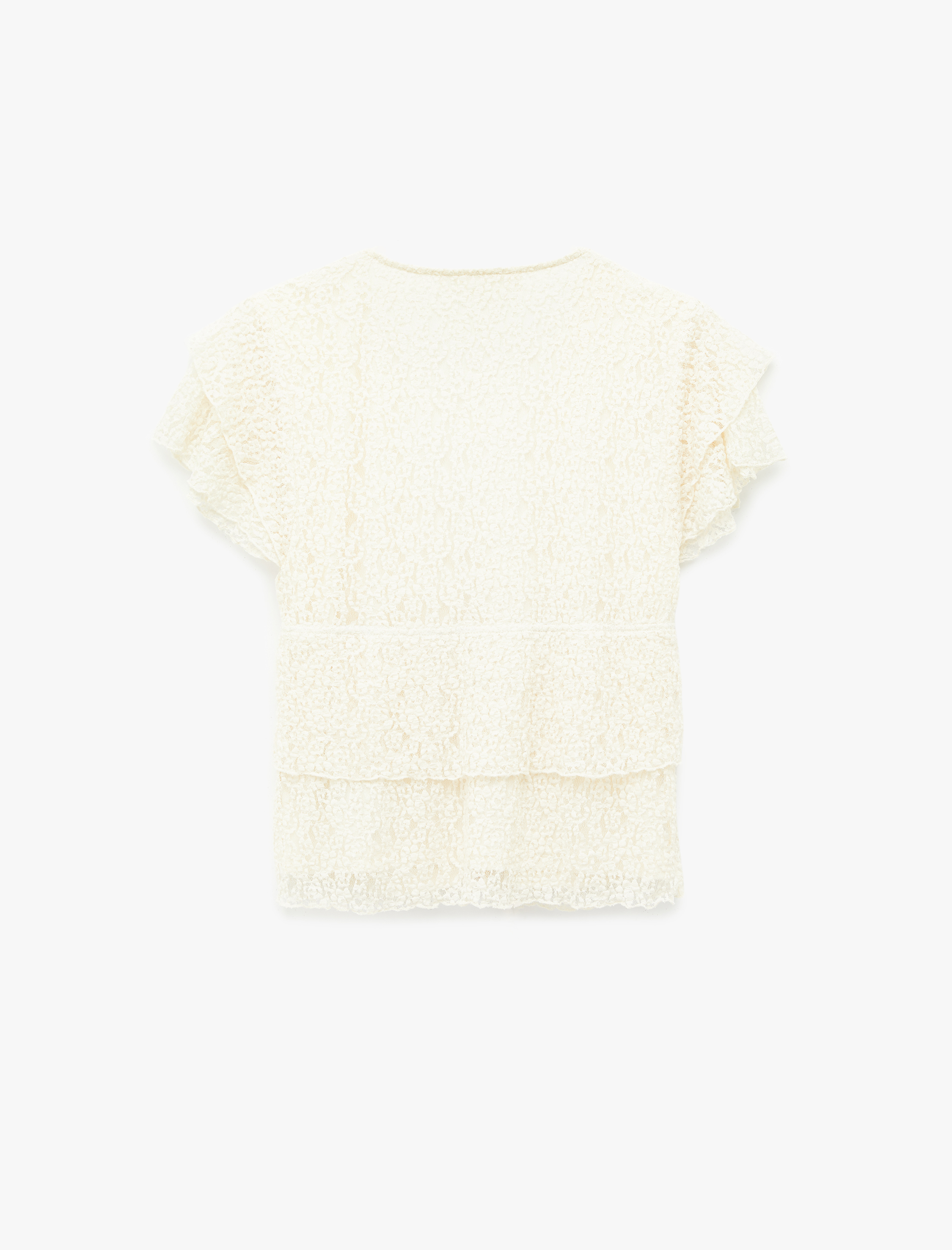   Bağlamalı V Yaka Katlı Kısa Kollu Dantel Tişört