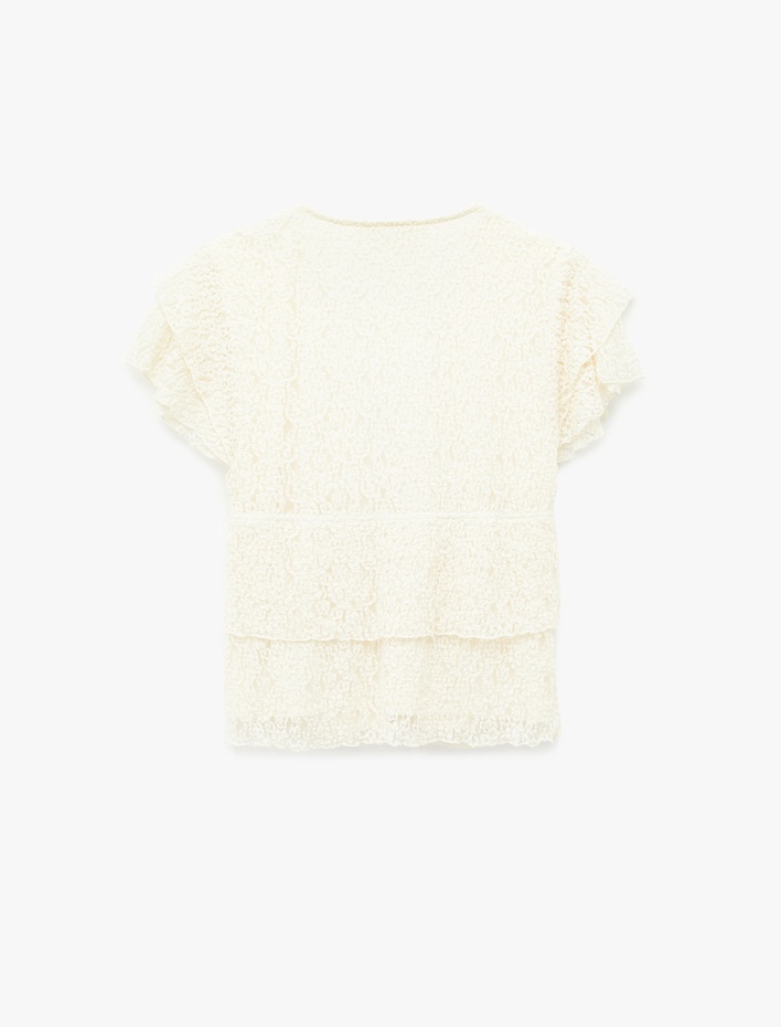  Bağlamalı V Yaka Katlı Kısa Kollu Dantel Tişört