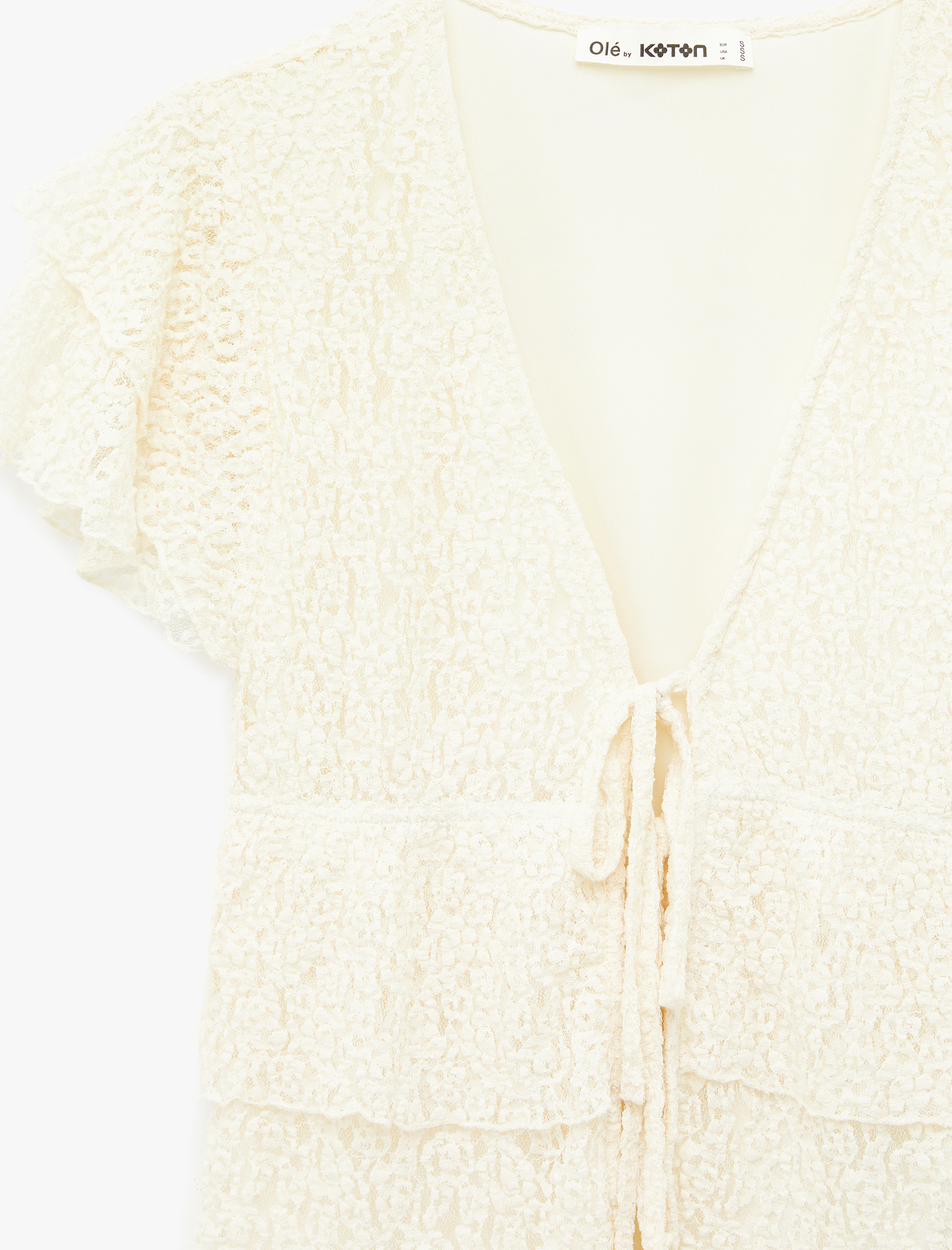   Bağlamalı V Yaka Katlı Kısa Kollu Dantel Tişört