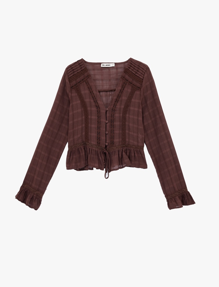  Düğmeli Bağlama Detaylı Uzun Kollu V Yaka Bluz