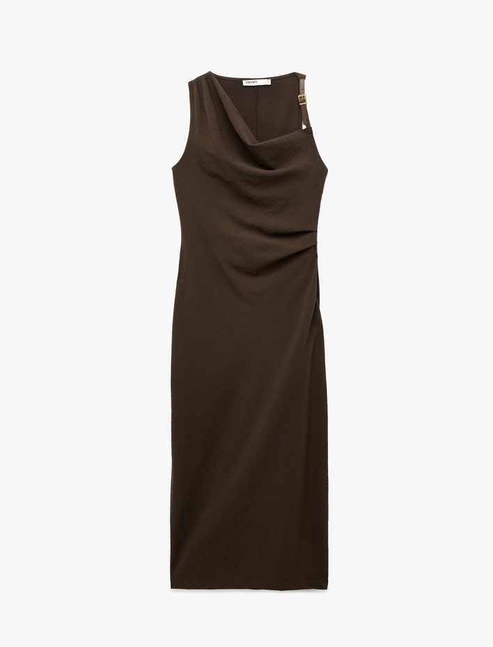  Degaje Yaka Kolsuz Kemer Detaylı Uzun Elbise