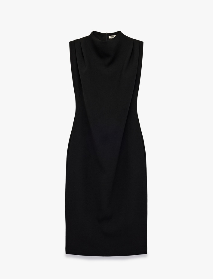  Dik Yaka Kolsuz Krep Uzun Elbise