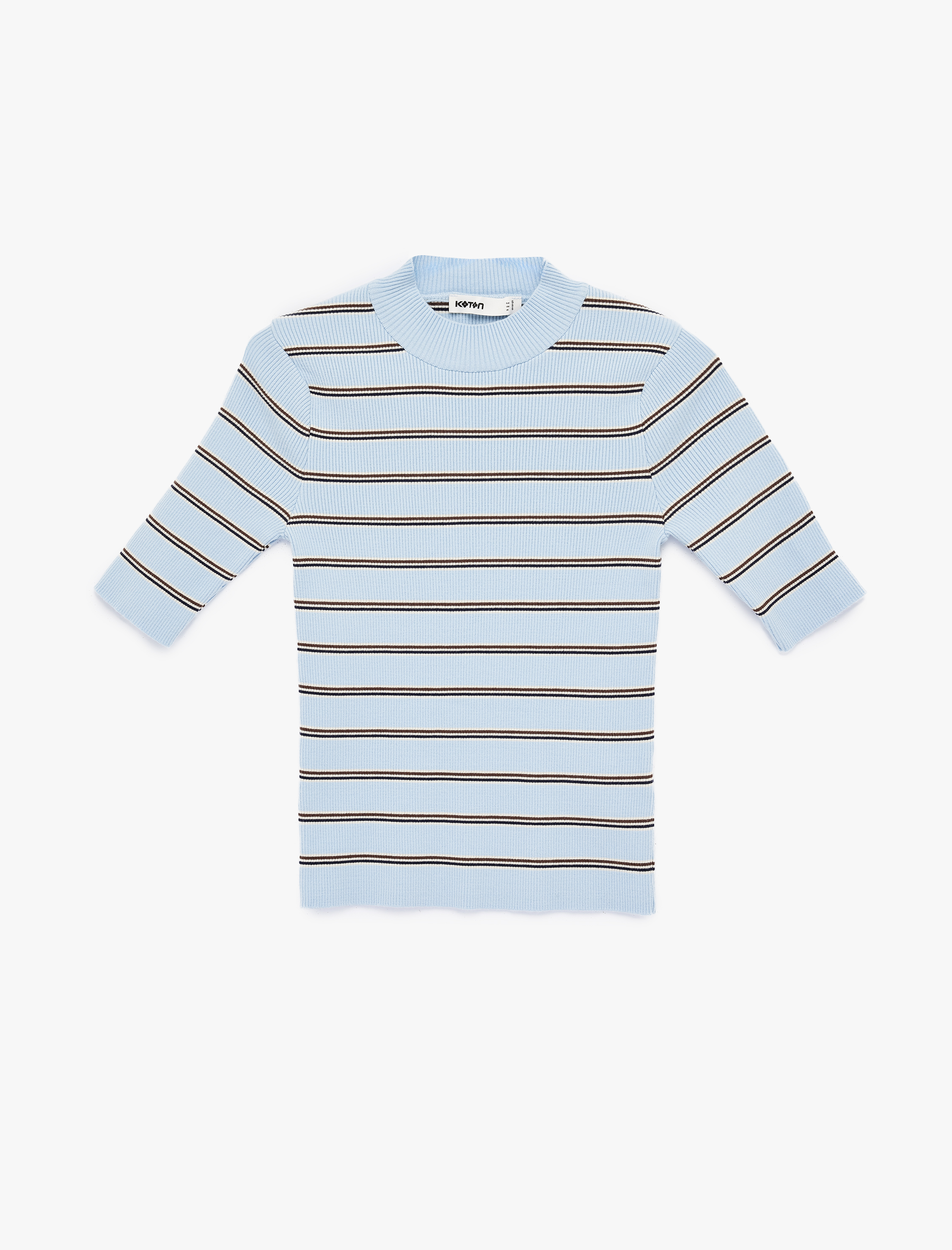   Regular Fit Hafif Dik Yaka Kısa Kollu Çizgili Triko Kazak