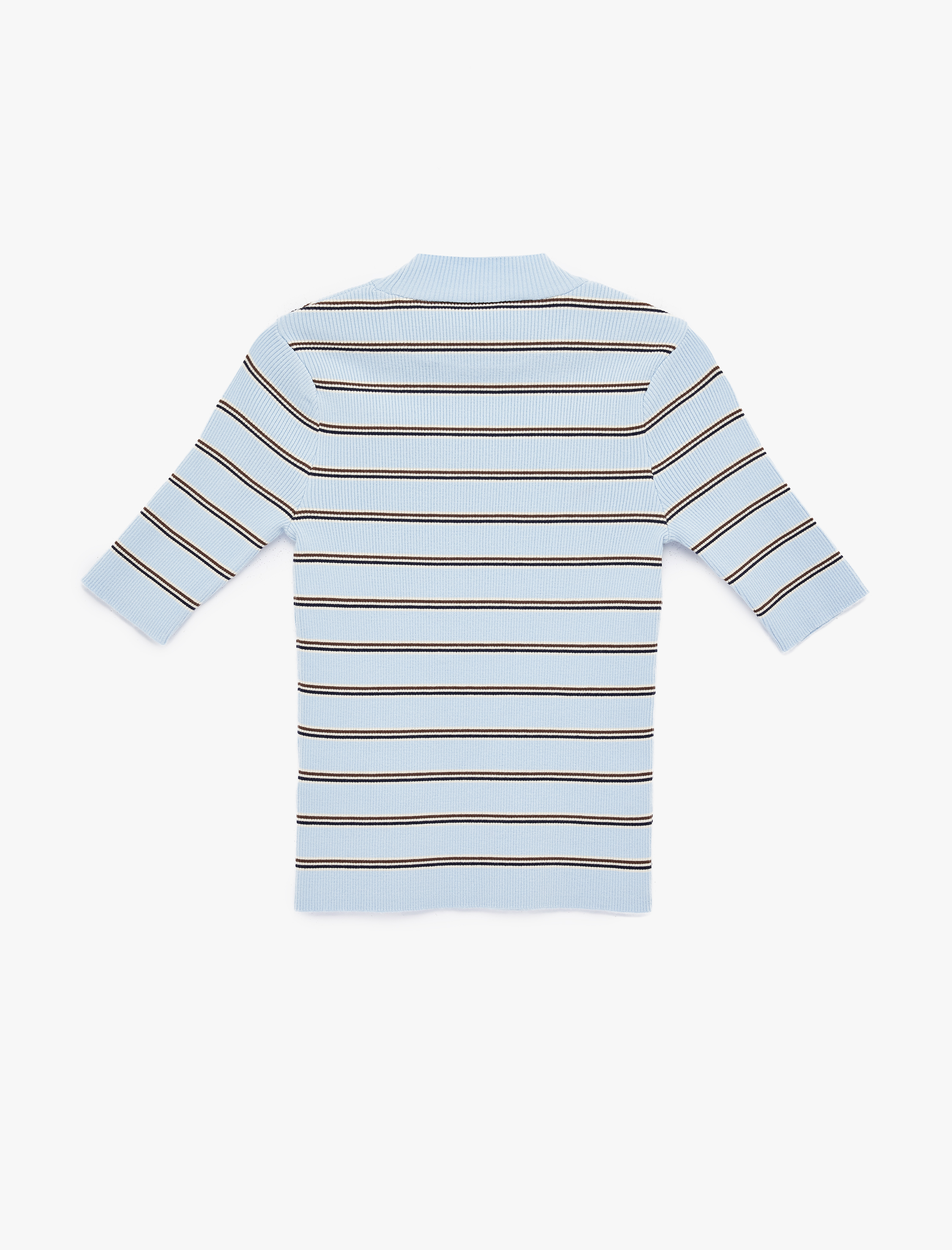   Regular Fit Hafif Dik Yaka Kısa Kollu Çizgili Triko Kazak