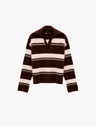 Devrik Yaka Uzun Kollu Çizgili Oversize Triko Kazak