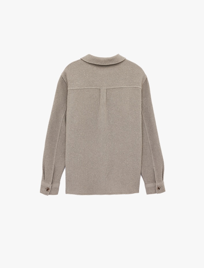  Regular Fit Cepli Waffle Dokulu Klasik Yaka Düğmeli Uzun Kollu Gömlek