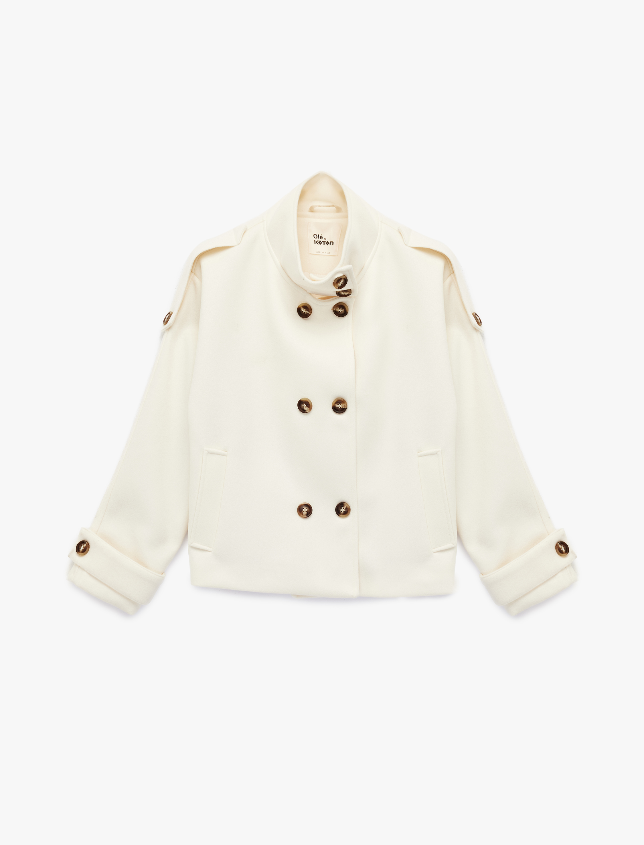   Dik Yaka Uzun Kollu Düğmeli Cep Detaylı Kaşe Ceket