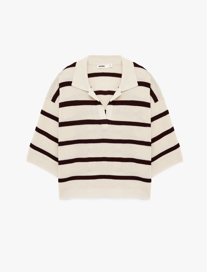  Uzun Kollu Çizgili Polo Yaka Triko Kazak