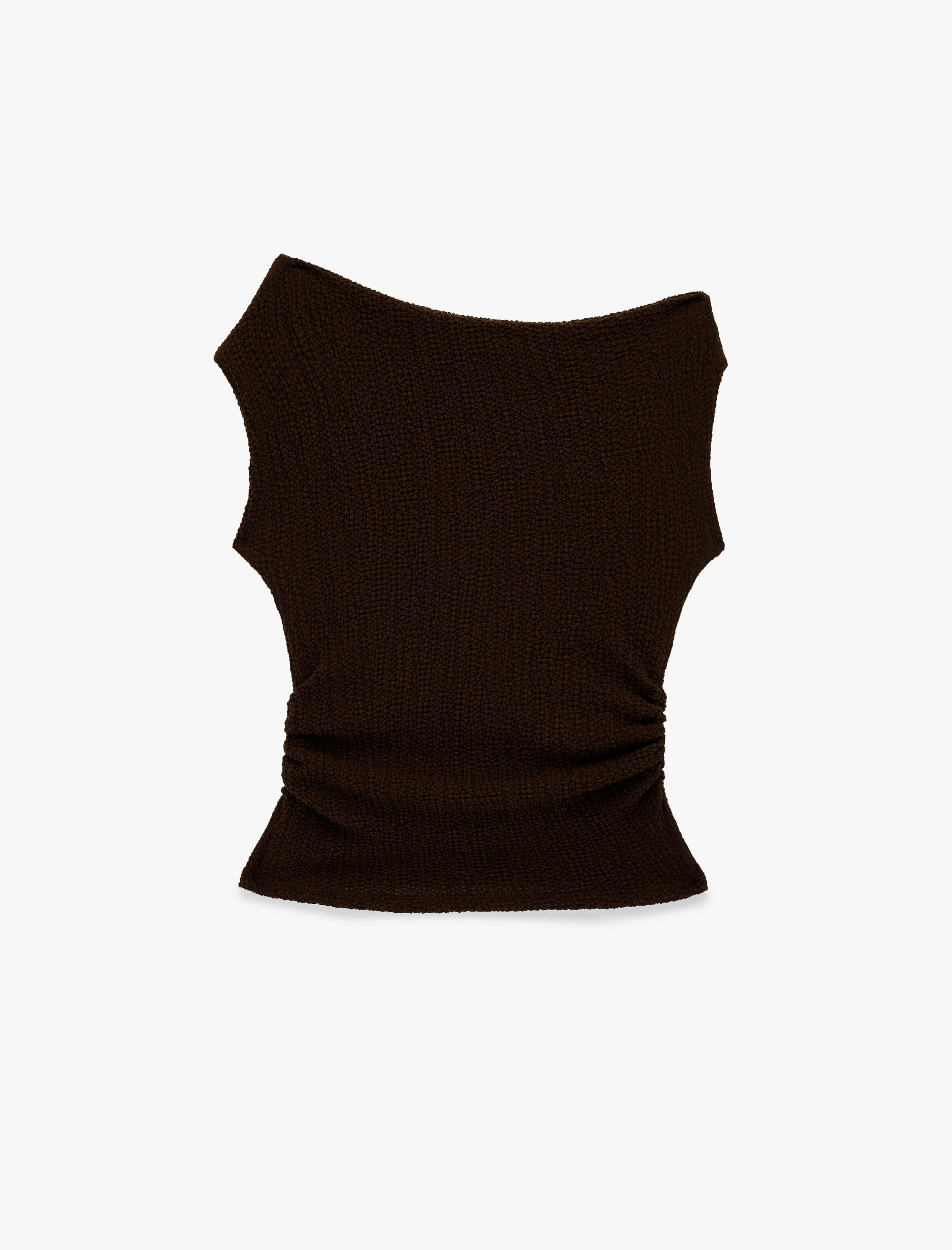   Bürümcük Kumaş Slim Fit Dokulu Kolsuz Asimetrik Yaka Bluz