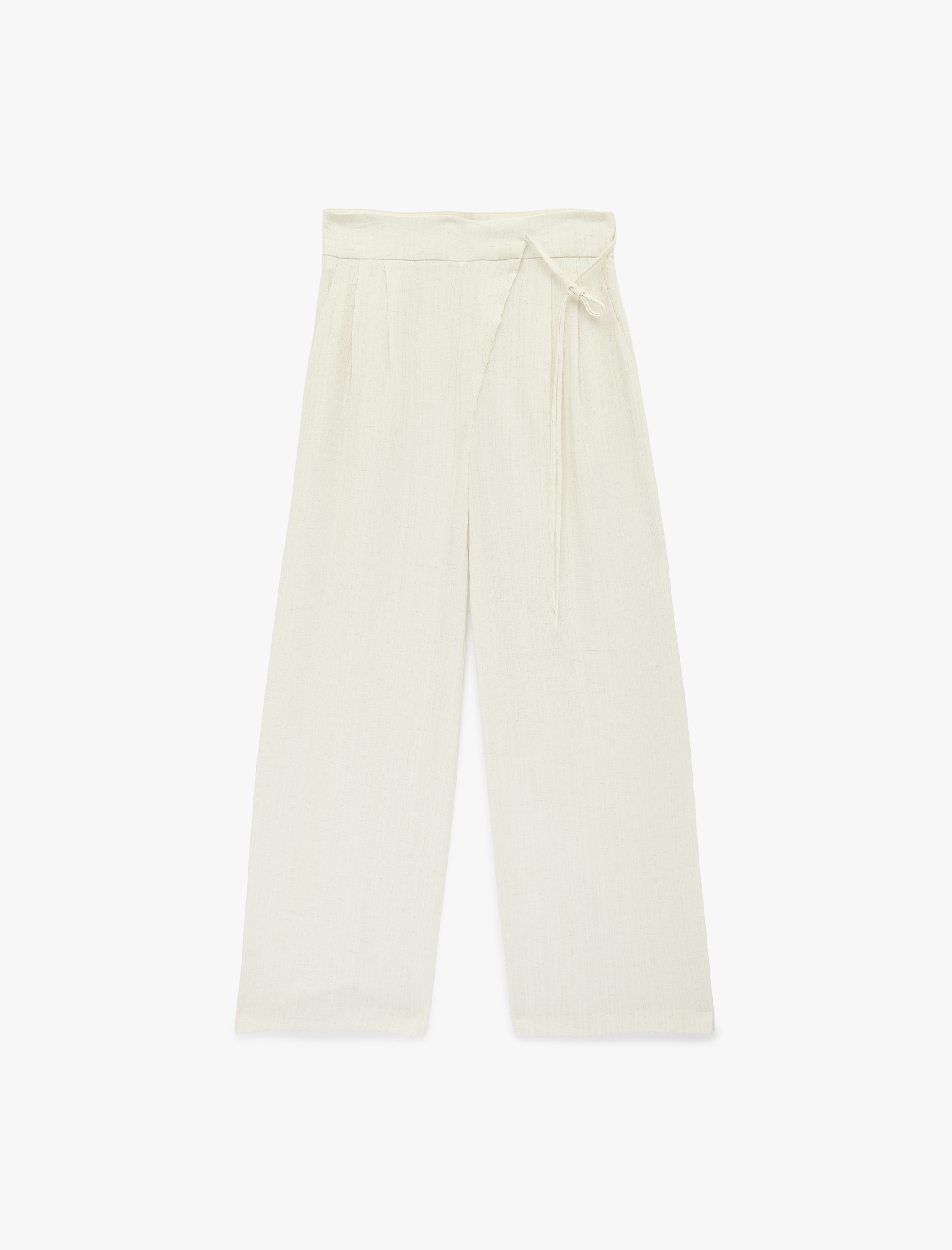   Keten Karışımlı Bağlama Detaylı Geniş Paça Pantolon