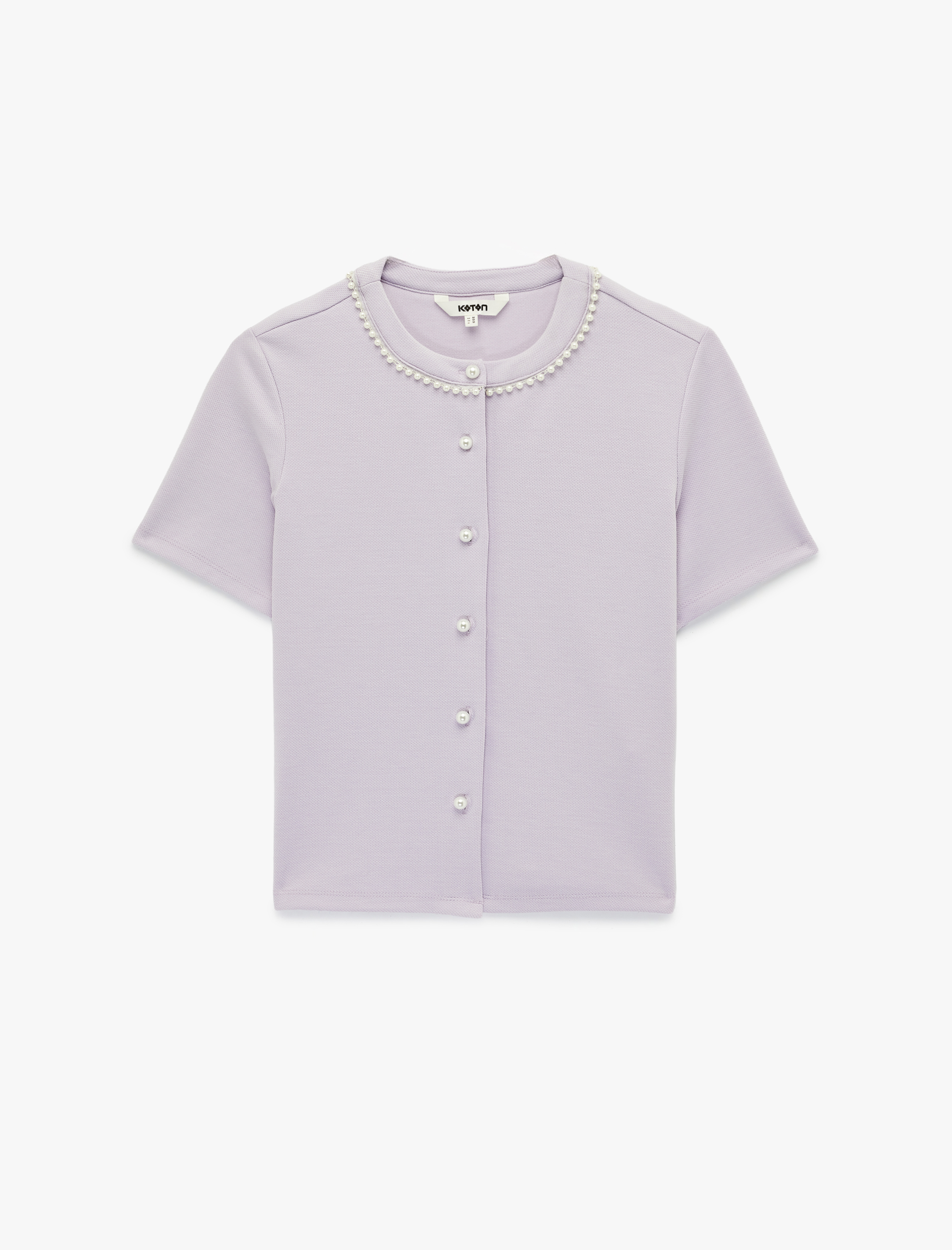   Pike Kumaş İnci Detaylı Kısa Kollu Bisiklet Yaka Crop Hırka