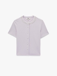 Pike Kumaş İnci Detaylı Kısa Kollu Bisiklet Yaka Crop Hırka