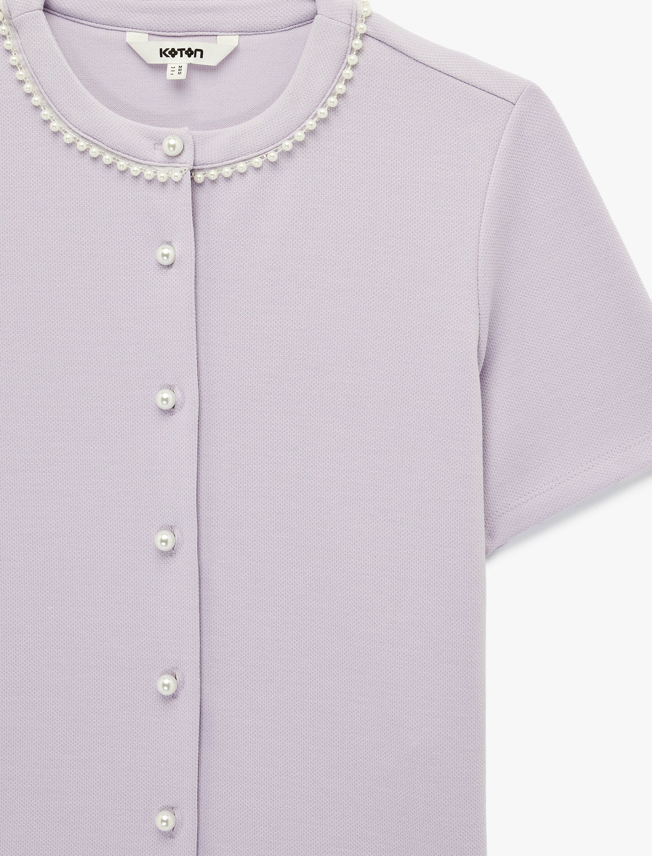   Pike Kumaş İnci Detaylı Kısa Kollu Bisiklet Yaka Crop Hırka