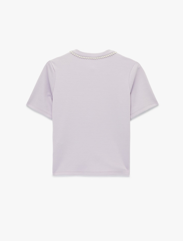  Pike Kumaş İnci Detaylı Kısa Kollu Bisiklet Yaka Crop Hırka