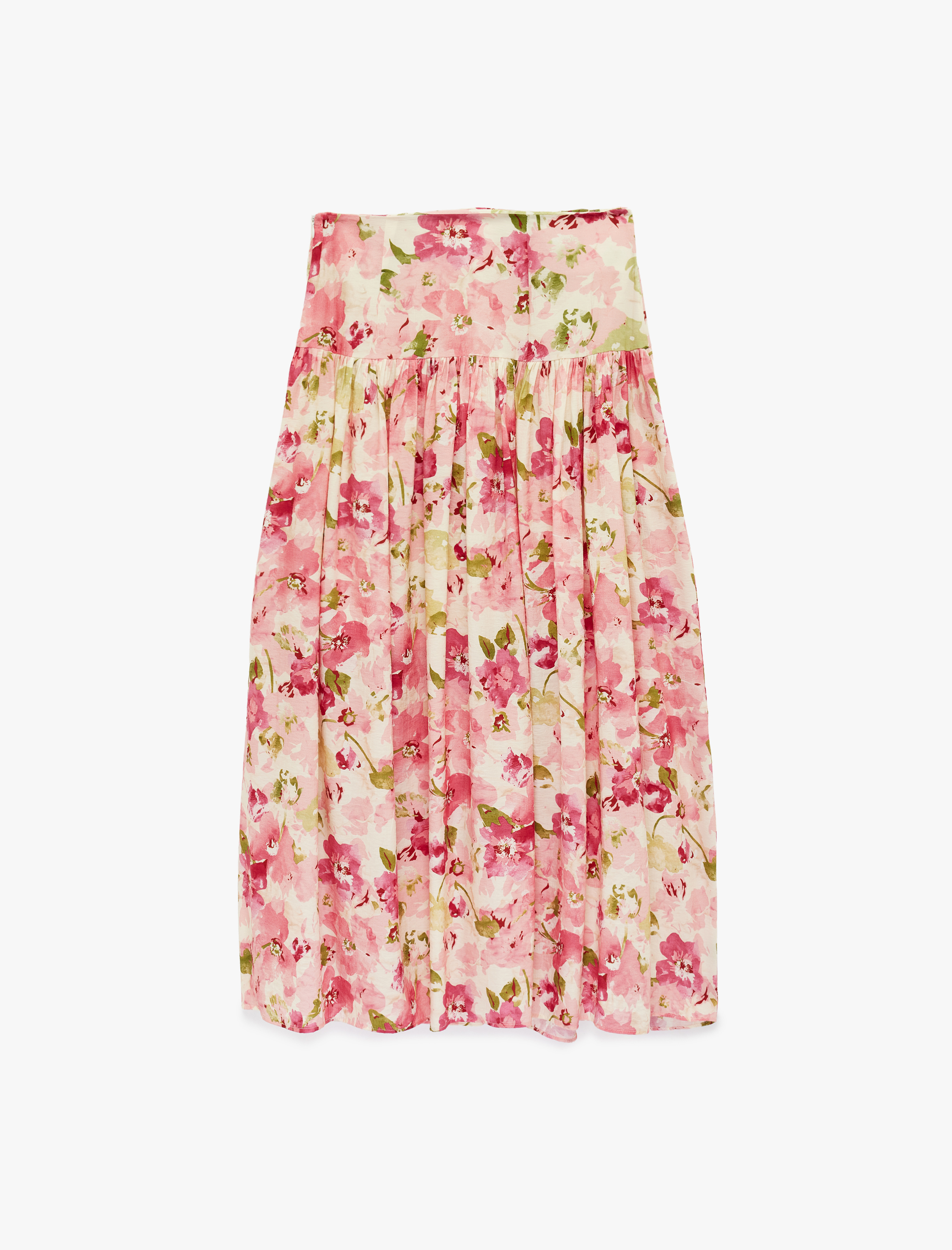   Viskon Belden Oturtma Detaylı Çan Kesim Uzun Çiçekli Etek