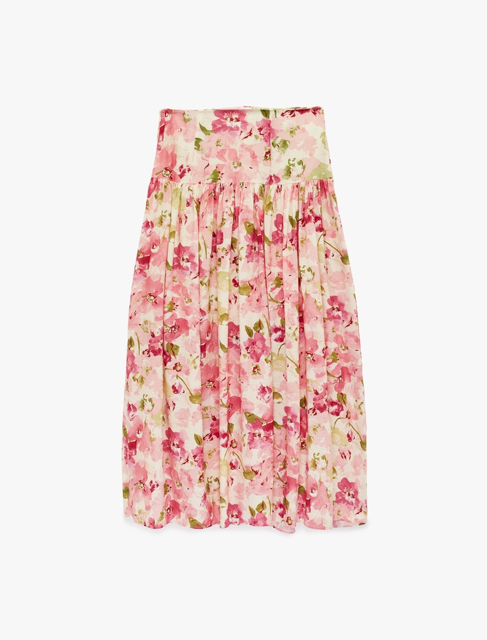  Viskon Belden Oturtma Detaylı Çan Kesim Uzun Çiçekli Etek