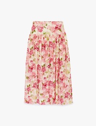 Viskon Belden Oturtma Detaylı Çan Kesim Uzun Çiçekli Etek