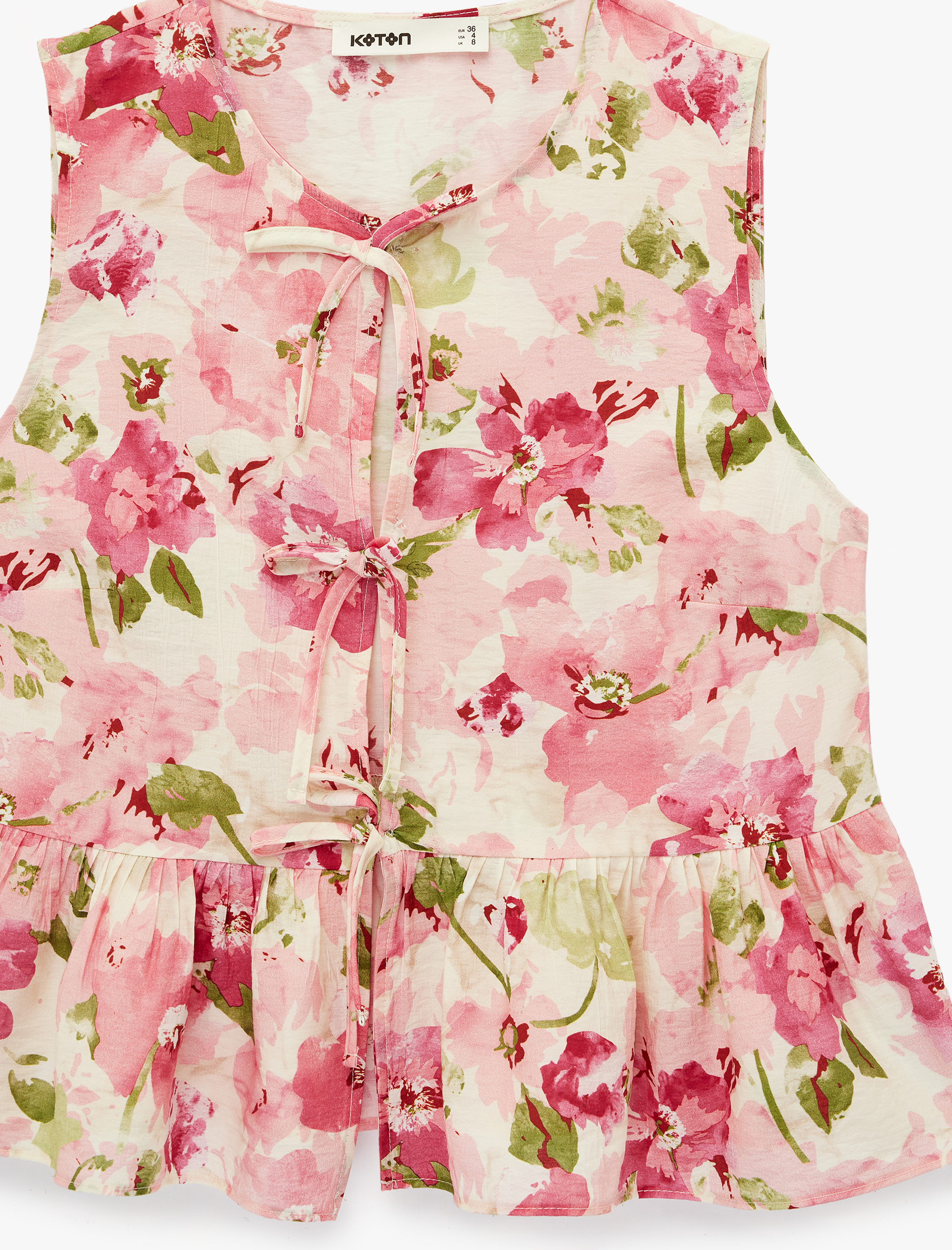   Kolsuz Önden Bağlama Detaylı Peplum Kesim Çiçekli Fırfırlı Bluz