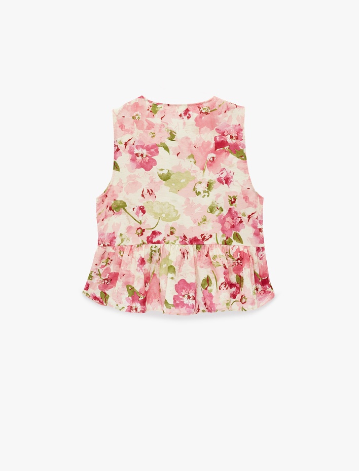  Kolsuz Önden Bağlama Detaylı Peplum Kesim Çiçekli Fırfırlı Bluz
