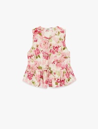 Kolsuz Önden Bağlama Detaylı Peplum Kesim Çiçekli Fırfırlı Bluz