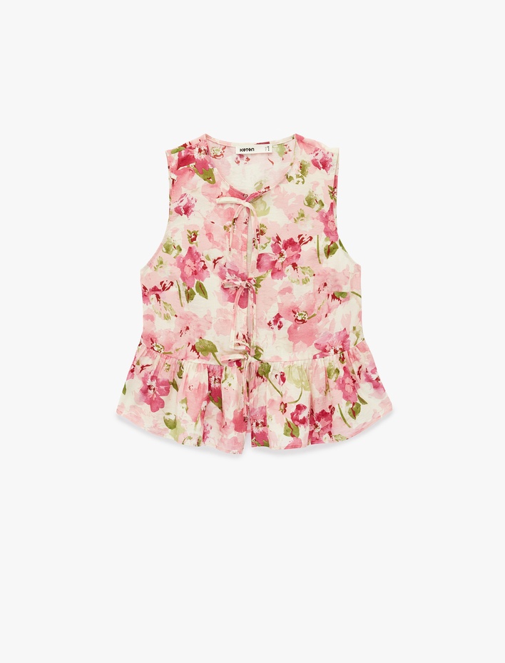  Kolsuz Önden Bağlama Detaylı Peplum Kesim Çiçekli Fırfırlı Bluz