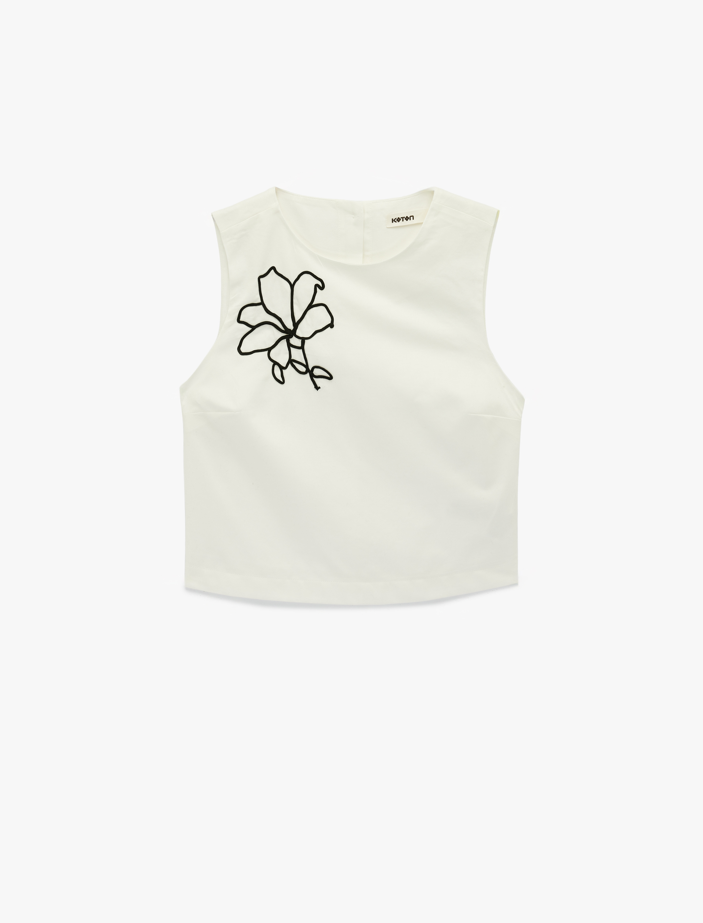   Keten Karışımlı Bisiklet Yaka Kolsuz Çiçekli Crop Bluz