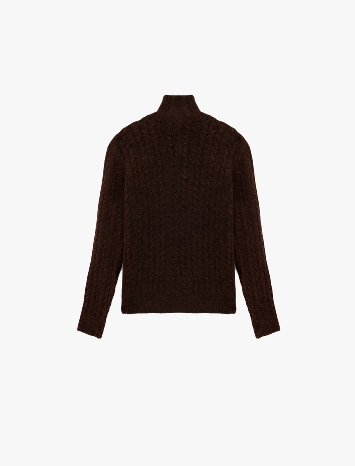  Uzun Kollu Saç Örgü Dokulu Yarım Fermuarlı Triko Kazak