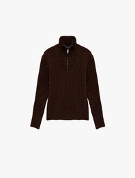 Uzun Kollu Saç Örgü Dokulu Yarım Fermuarlı Triko Kazak